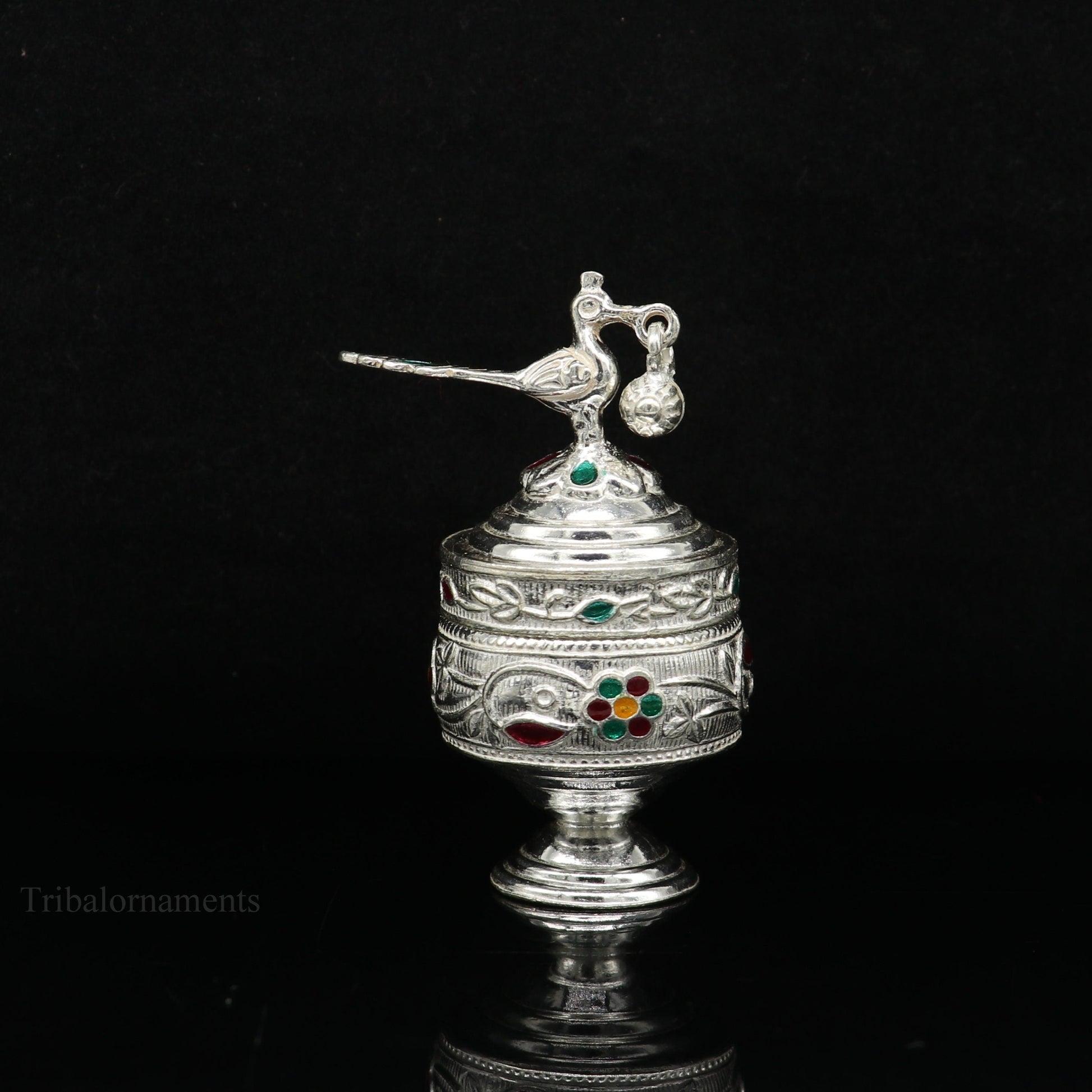 Solid sterling silver vintage peacock design handmade brides eyes kajal box, surma box, kumkum sindur box, small trinket box article stb249 - TRIBAL ORNAMENTS