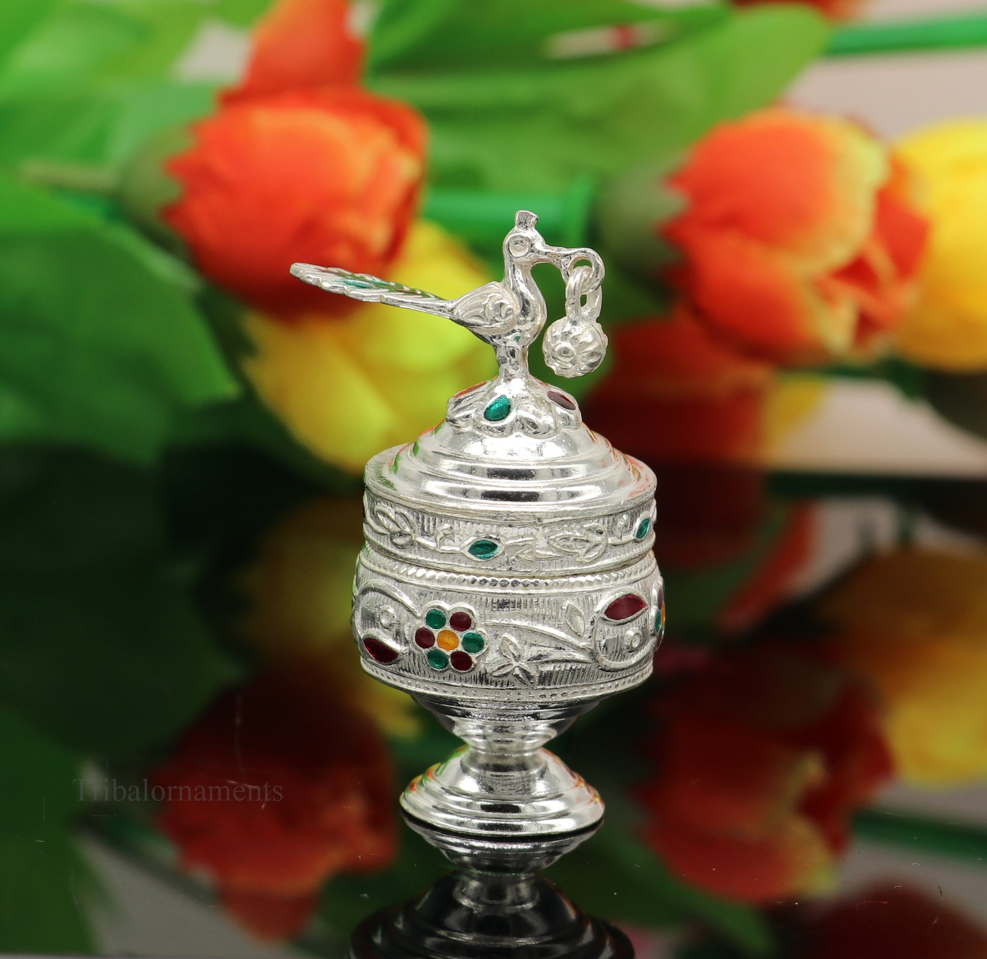 Solid sterling silver vintage peacock design handmade brides eyes kajal box, surma box, kumkum sindur box, small trinket box article stb249 - TRIBAL ORNAMENTS