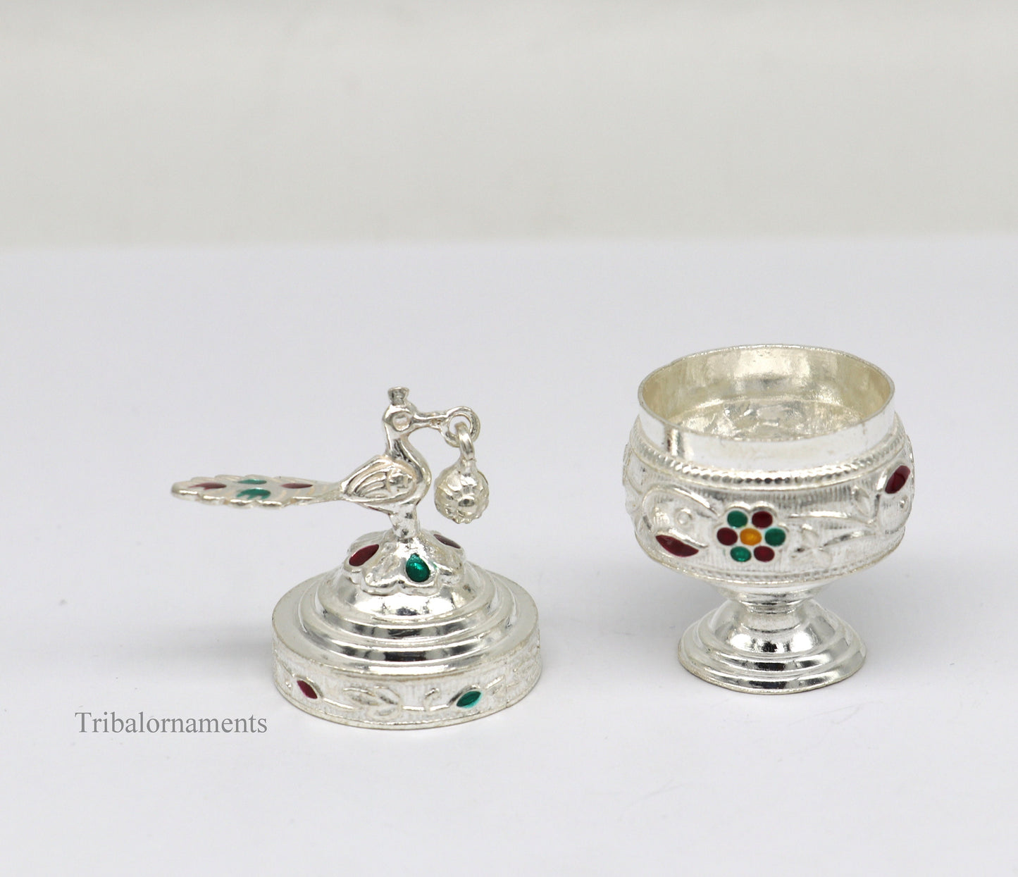 Solid sterling silver vintage peacock design handmade brides eyes kajal box, surma box, kumkum sindur box, small trinket box article stb249 - TRIBAL ORNAMENTS