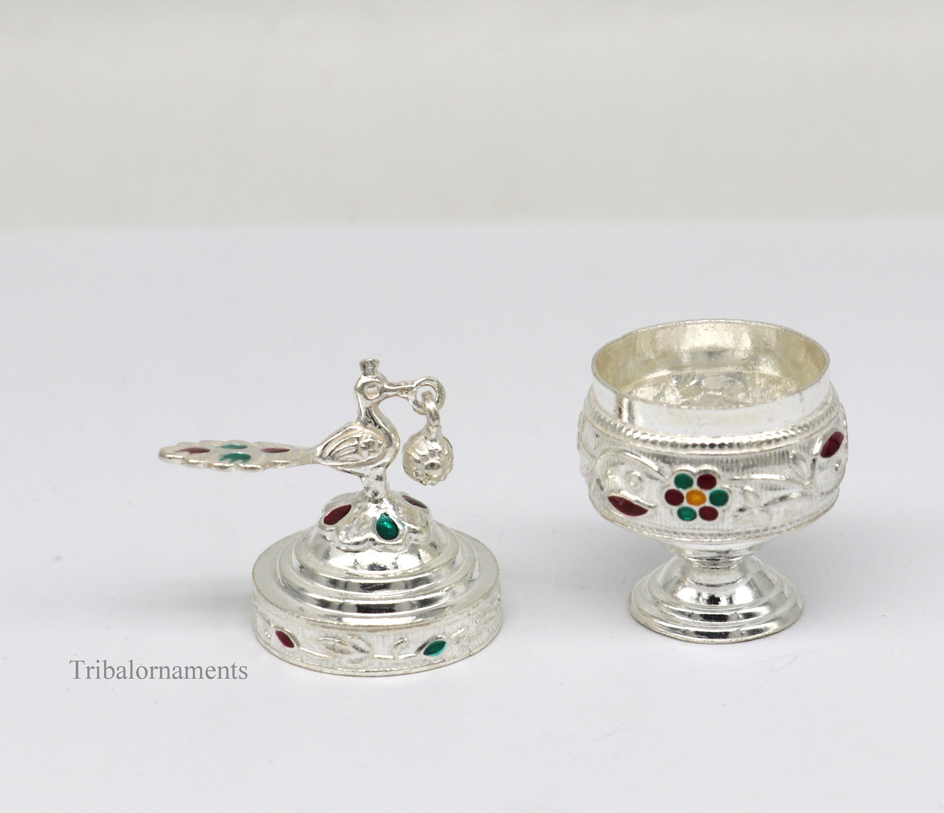 Solid sterling silver vintage peacock design handmade brides eyes kajal box, surma box, kumkum sindur box, small trinket box article stb249 - TRIBAL ORNAMENTS