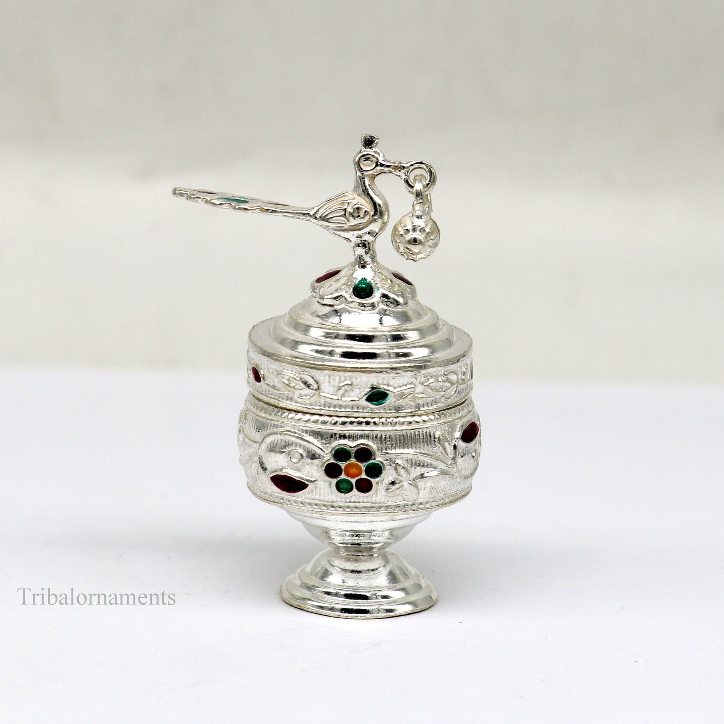 Solid sterling silver vintage peacock design handmade brides eyes kajal box, surma box, kumkum sindur box, small trinket box article stb249 - TRIBAL ORNAMENTS