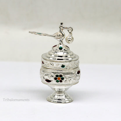 Vintage sterling silver peacock design bridal kajal and surma box, handmade small trinket storage by TRIBAL ORNAMENTS.