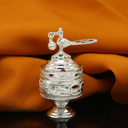 Sterling silver vintage peacock design handmade brides eyes kajal and surma box with small trinket storage by TRIBAL ORNAMENTS