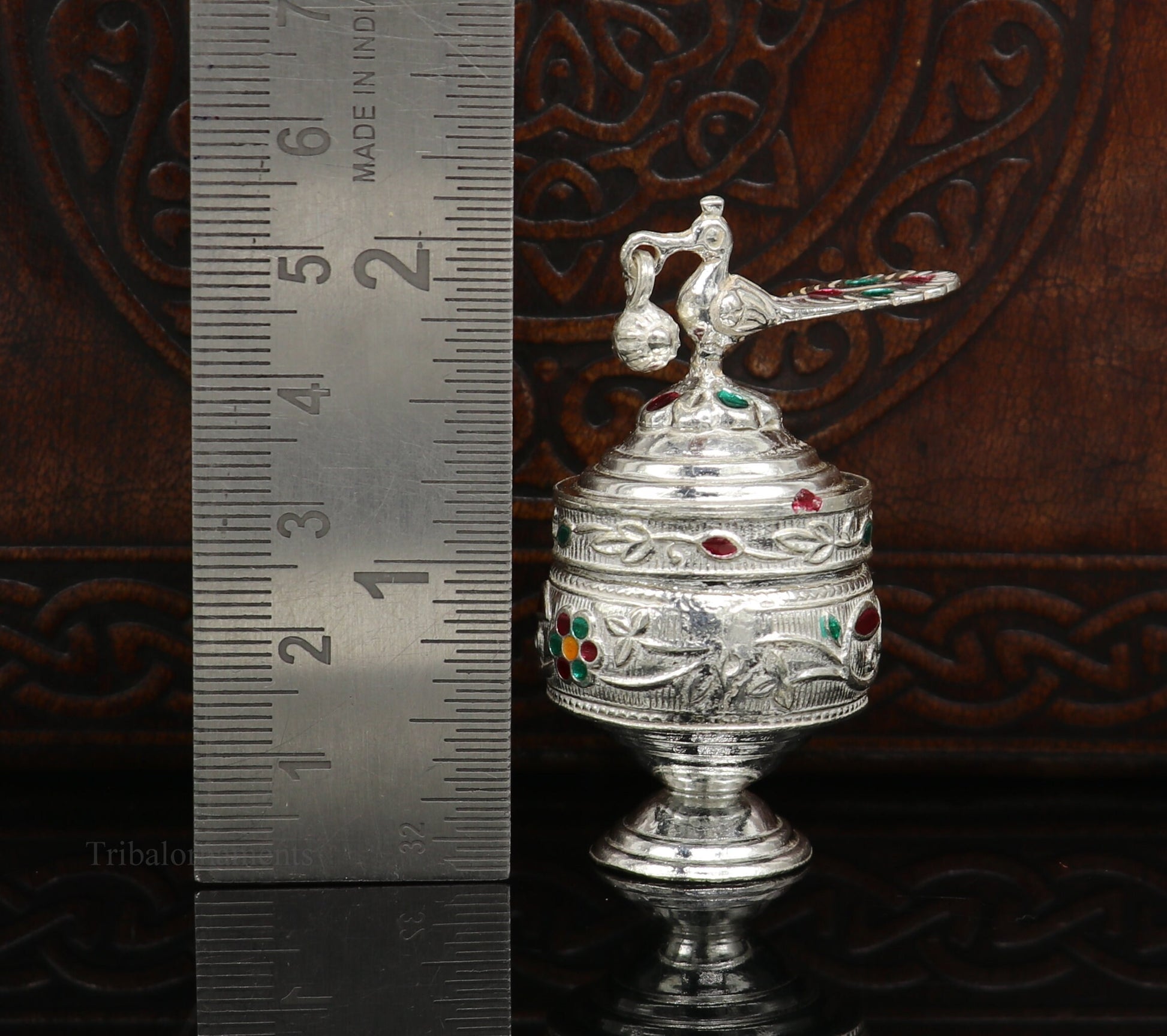 Solid sterling silver vintage peacock design handmade brides eyes kajal box, surma box, kumkum sindur box, small trinket box article stb249 - TRIBAL ORNAMENTS