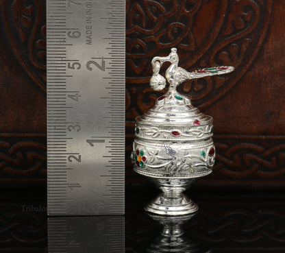 Vintage 925 sterling silver peacock design bridal kajal, surma, kumkum, sindur, and trinket box by TRIBAL ORNAMENTS.