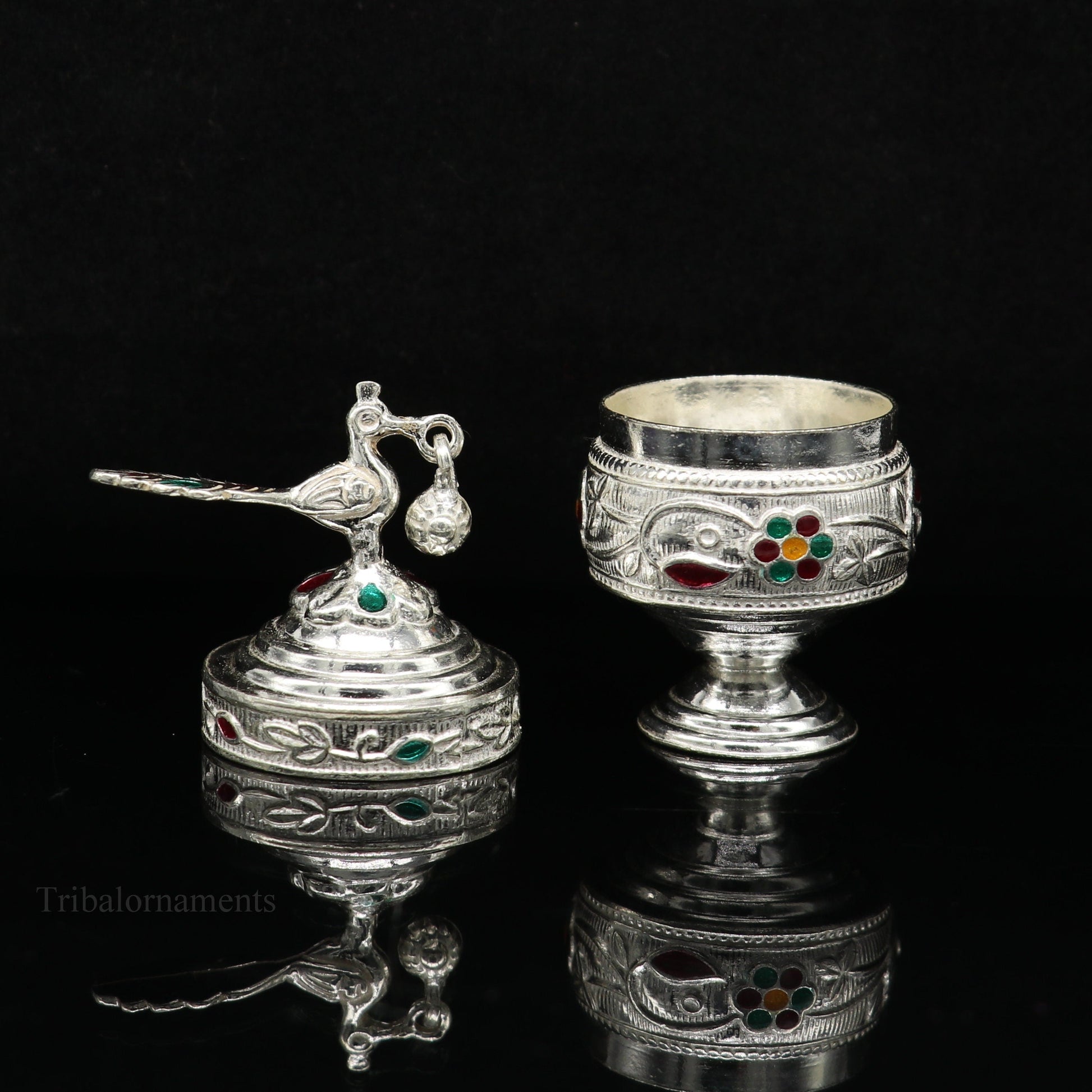 Solid sterling silver vintage peacock design handmade brides eyes kajal box, surma box, kumkum sindur box, small trinket box article stb249 - TRIBAL ORNAMENTS