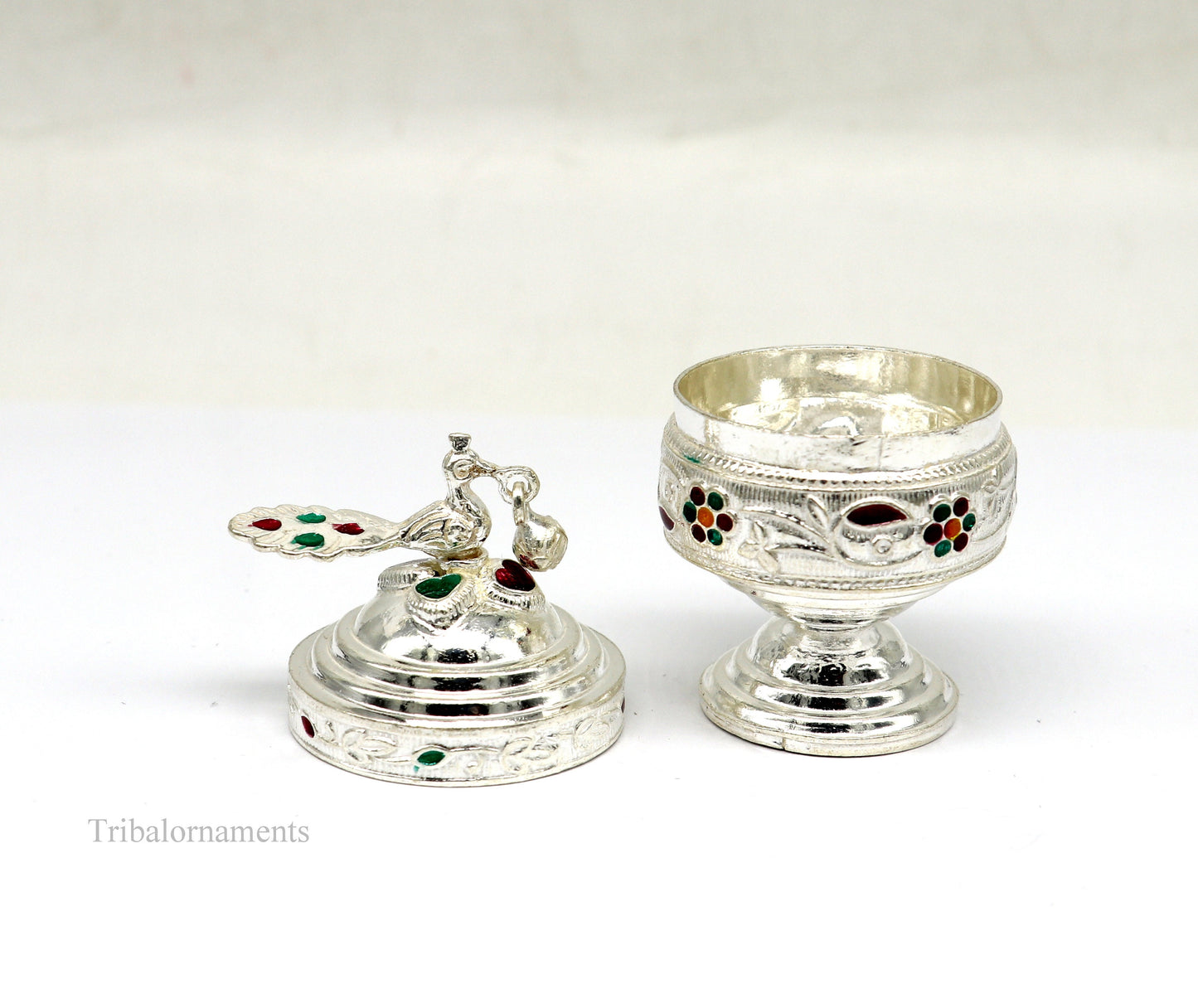 Sterling silver vintage peacock design handmade brides eyes kajal box, surma box, kumkum sindur, small tribal trinket box.