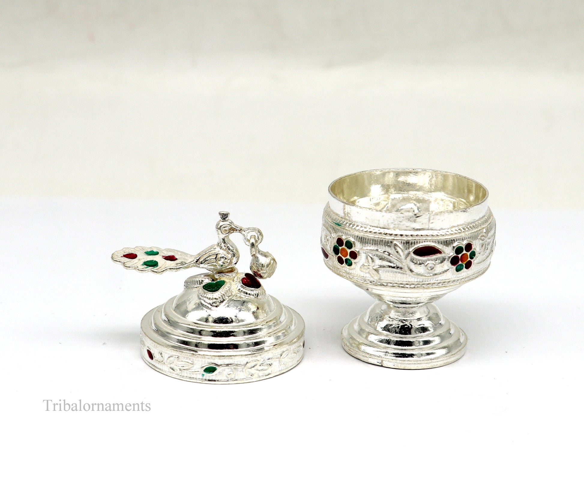 Sterling silver vintage peacock design handmade brides eyes kajal box, surma box, kumkum sindur, small tribal trinket box.