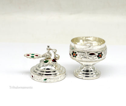 Sterling silver vintage peacock design handmade brides eyes kajal box, surma box, kumkum sindur, small tribal trinket box.