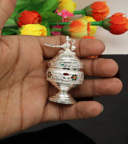 Sterling silver vintage peacock design brides eyes kajal box, handmade tribal ornament small trinket storage container