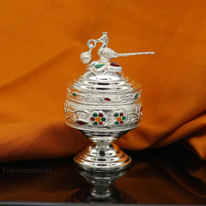 Vintage sterling silver peacock design brides eyes kajal box, handmade tribal surma and kumkum sindur small trinket box.