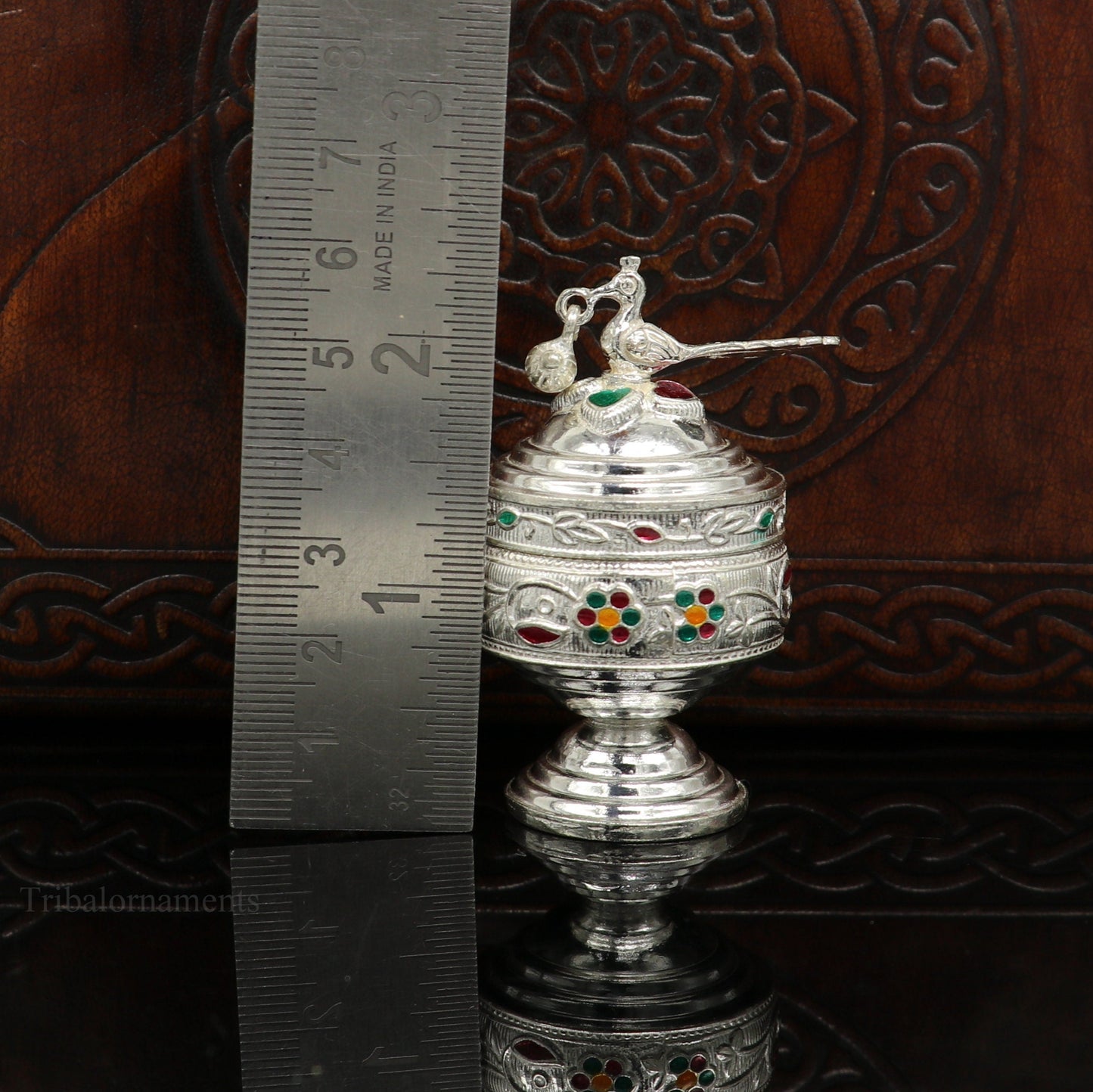 Sterling silver vintage peacock design handmade brides eyes kajal and surma box, small trinket storage from TRIBAL ORNAMENTS