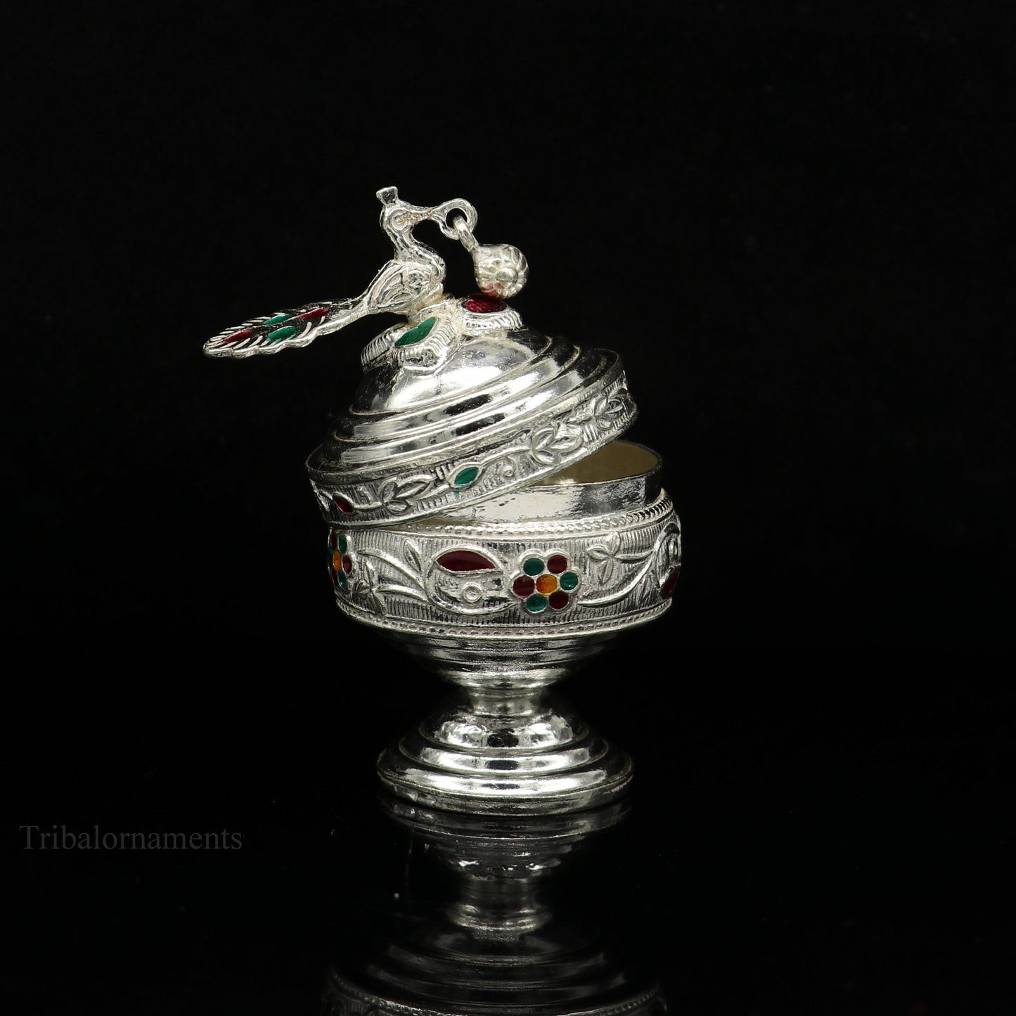 Sterling silver vintage peacock design handmade brides eyes kajal and surma box, small trinket storage from Tribal Ornaments.
