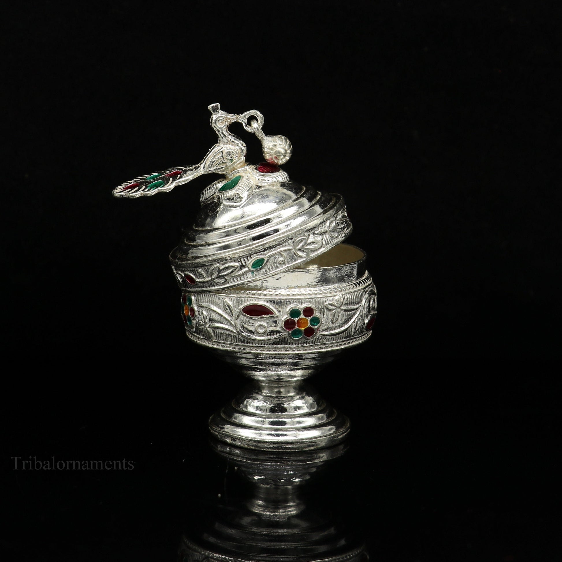 Sterling silver vintage peacock design handmade brides eyes kajal and surma box, small trinket storage from Tribal Ornaments.