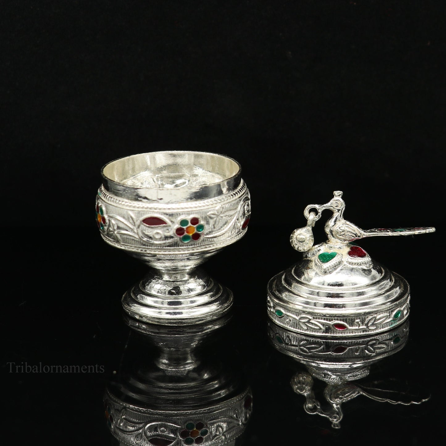 Handmade sterling silver vintage peacock design brides eyes kajal box, surma, kumkum, sindur, and small trinket storage by TRIBAL ORNAMENTS