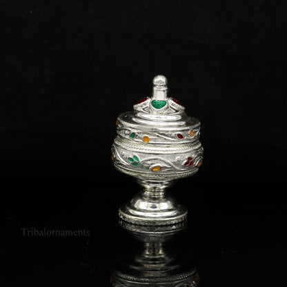 Solid sterling silver vintage royal designer handmade brides eyes kajal box, surma box, kumkum sindur box, small trinket box article stb236 - TRIBAL ORNAMENTS