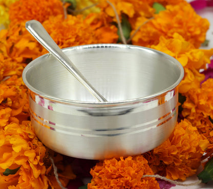 Handmade 99.9% pure sterling silver bowl from Tribal Ornaments, showcasing a polished, solid silver design for kitchen utensils and vessels.