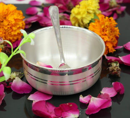 Handmade 99.9% pure sterling silver bowl with a smooth finish, designed for kitchen use, highlighting its antibacterial properties.