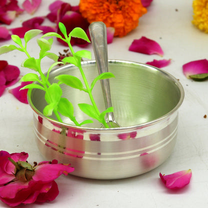 Handmade 99.9% pure sterling silver bowl with traditional design, antibacterial properties, ideal for kitchen utensils and vessels.