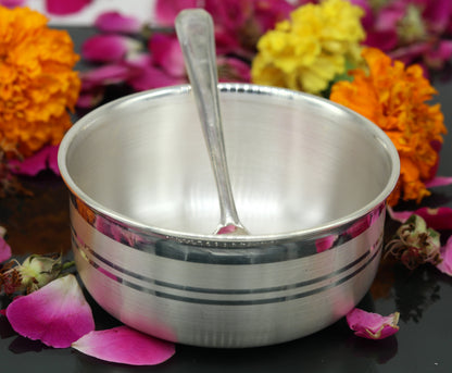 Handmade sterling silver bowl from Tribal Ornaments, showcasing its polished surface and traditional design for kitchen use.