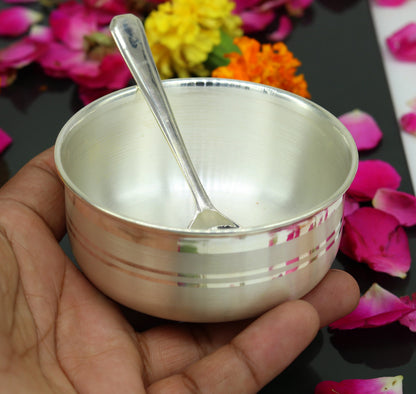 Handmade sterling silver bowl by TRIBAL ORNAMENTS, showcasing a polished, solid silver kitchen vessel with traditional craftsmanship.