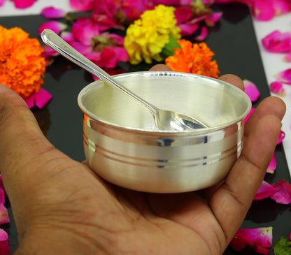 Handmade 99.9% sterling silver bowl from Tribal Ornaments, showcasing a polished, antibacterial kitchen vessel with intricate design details.