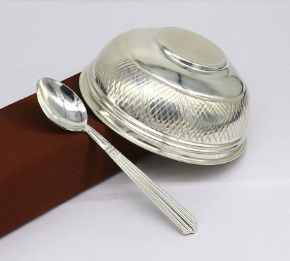 Handcrafted 999 fine silver baby bowl and spoon set by Tribal Ornaments, traditional puja silver utensils and vessel for infants.