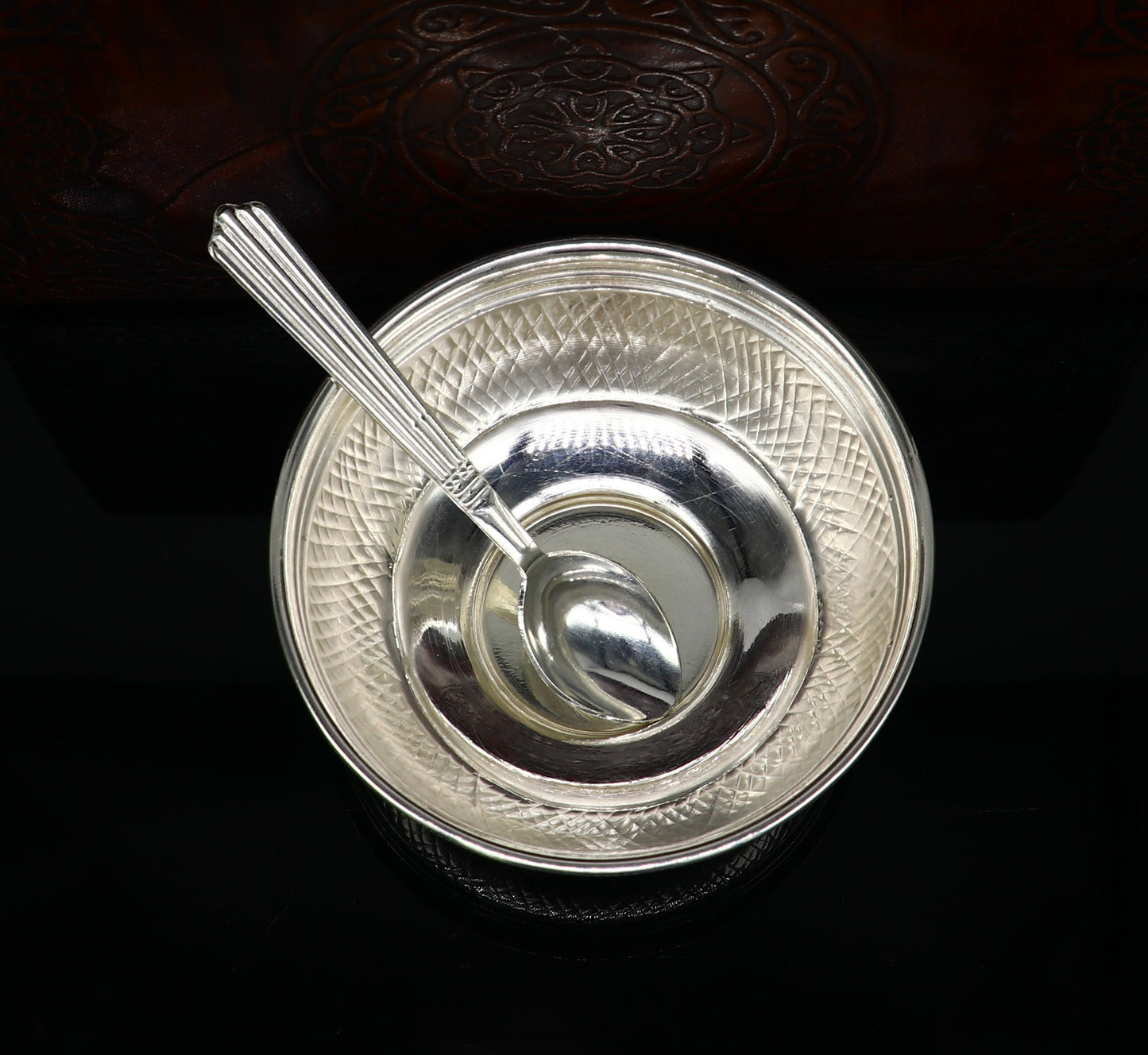 Handcrafted 999 fine silver baby bowl and spoon set from TRIBAL ORNAMENTS, traditional puja utensils and silver vessel for infants.
