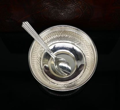 Handcrafted 999 fine silver baby bowl and spoon set from TRIBAL ORNAMENTS, traditional puja utensils and silver vessel for infants.
