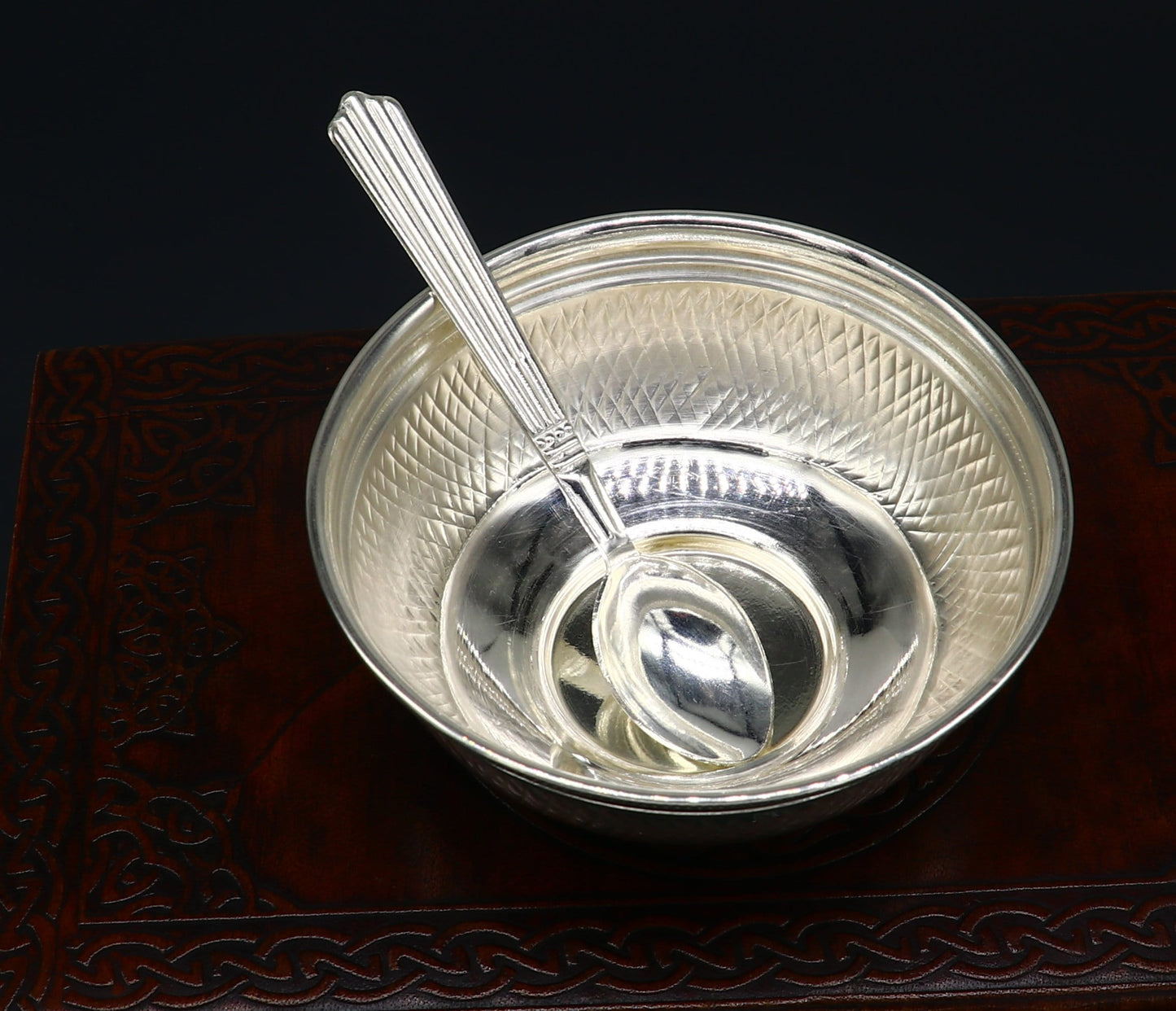 Handcrafted 999 fine silver baby bowl and spoon set, traditional puja utensils by TRIBAL ORNAMENTS, silver vessel for religious ceremonies