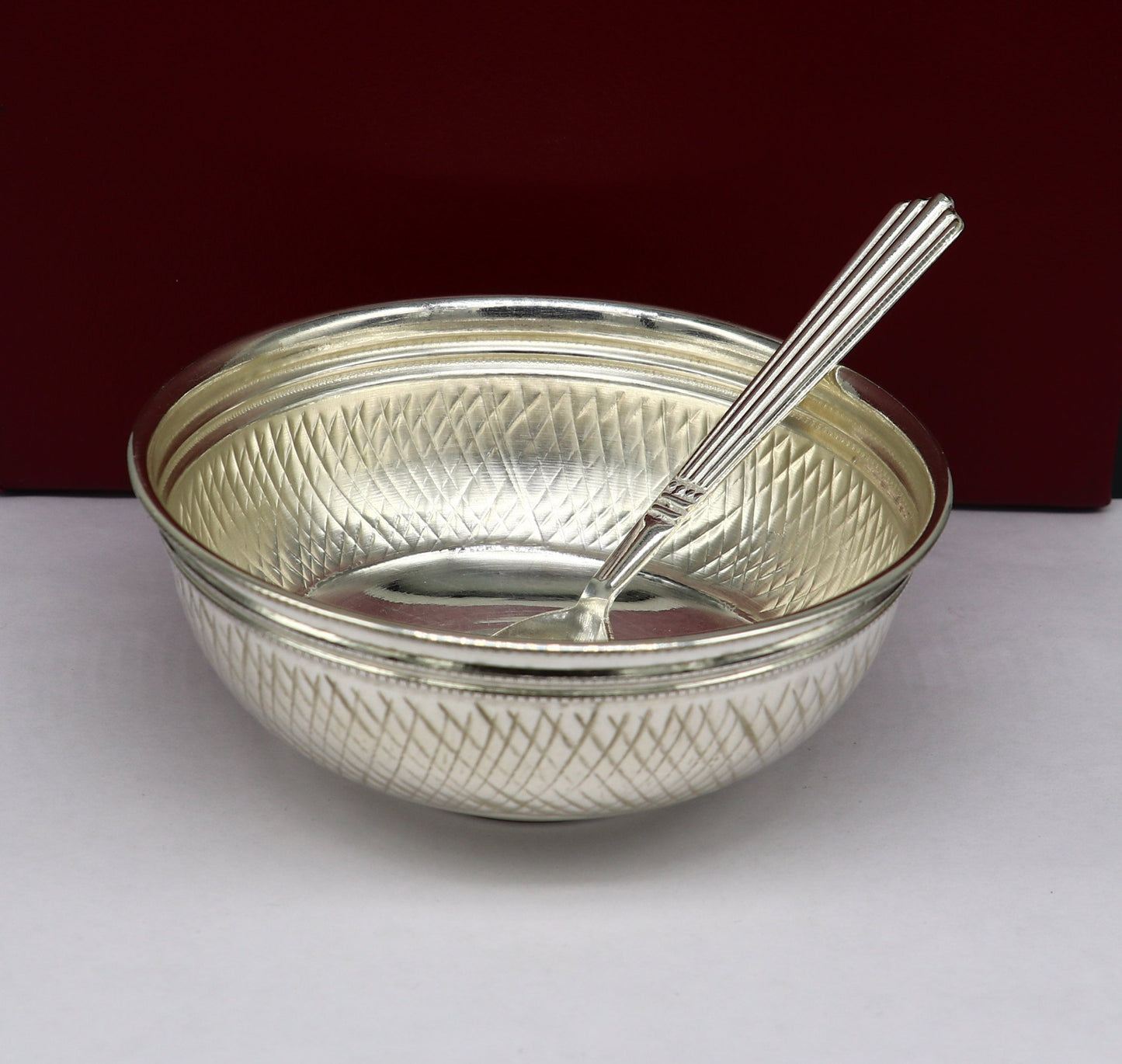 Handcrafted 999 fine silver baby bowl and spoon set with puja utensils, traditional silver vessel by Tribal Ornaments.