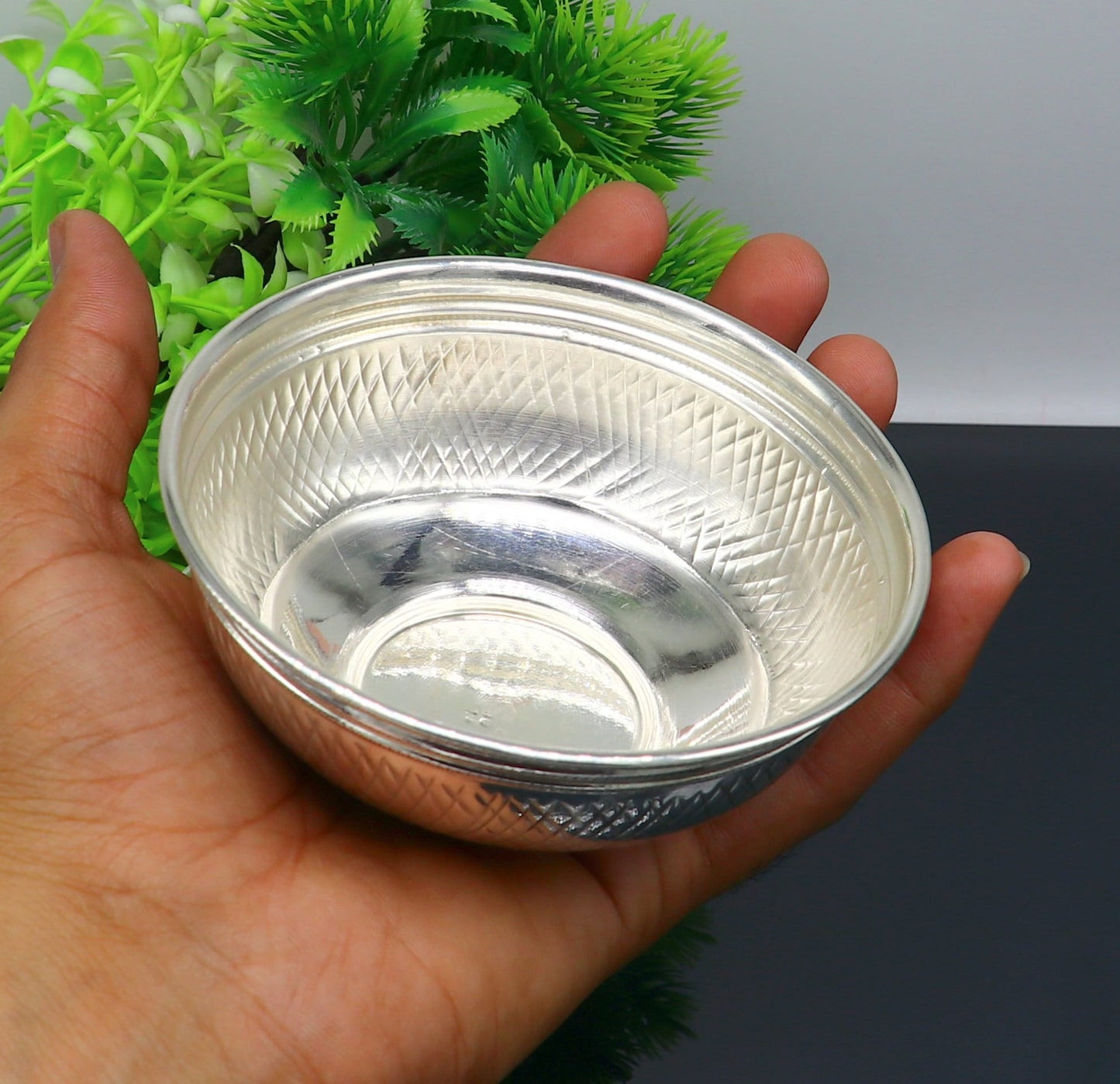 Handcrafted 999 fine silver baby bowl and spoon set, traditional puja utensils by Tribal Ornaments, silver vessel and utensils for infants.