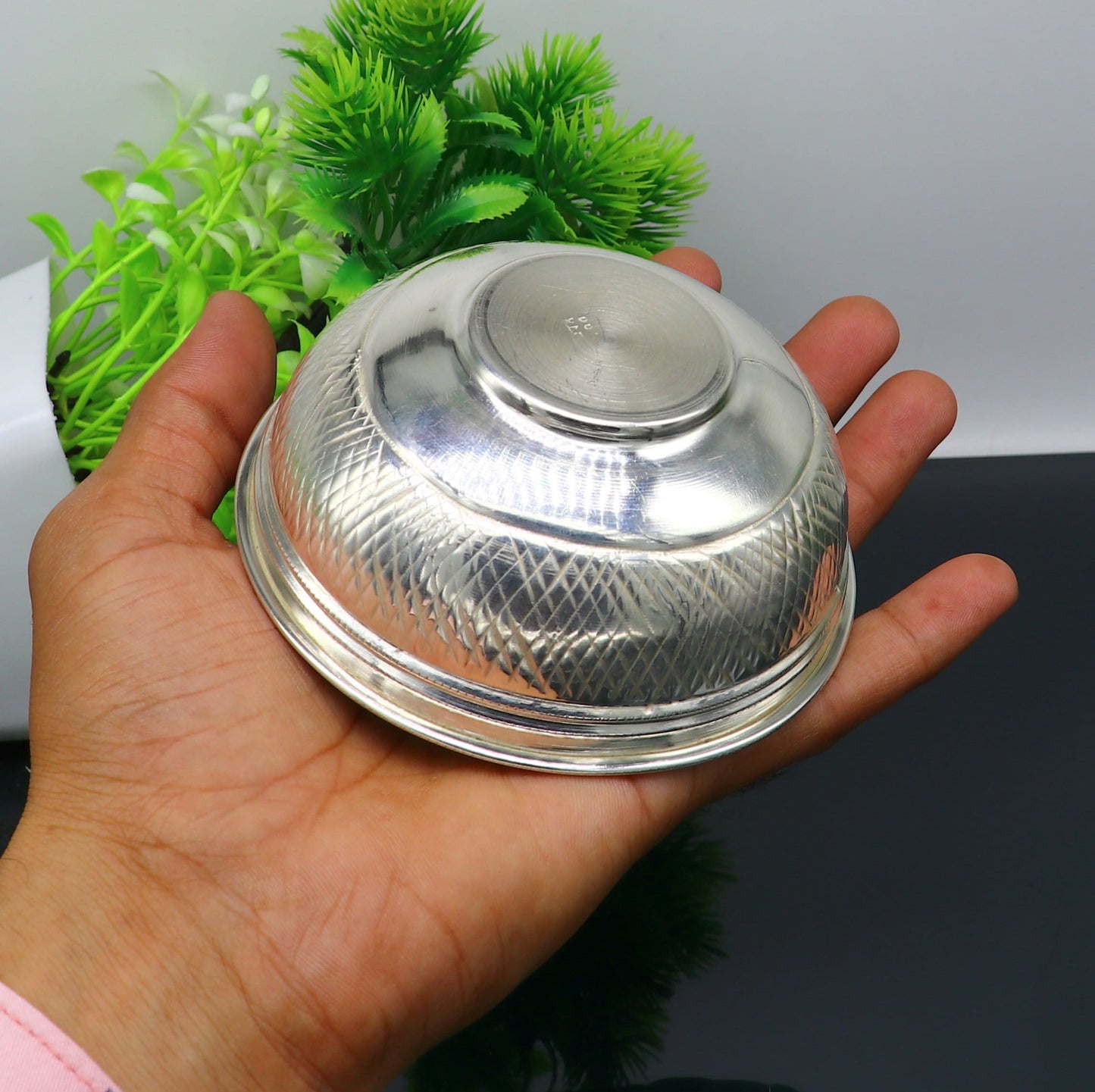 Handcrafted 999 fine silver baby bowl and spoon set by Tribal Ornaments, traditional puja utensils and silver vessel for infants.