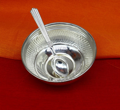 Handcrafted 999 fine silver baby bowl and spoon set from TRIBAL ORNAMENTS, traditional puja silver utensils and vessels.