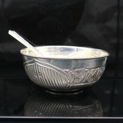 999 fine silver exclusive handcrafted work baby bowl and spoon set, puja utensils, silver article, silver utensils, silver vessel baby sv210 - TRIBAL ORNAMENTS