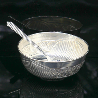 999 fine silver exclusive handcrafted work baby bowl and spoon set, puja utensils, silver article, silver utensils, silver vessel baby sv210 - TRIBAL ORNAMENTS