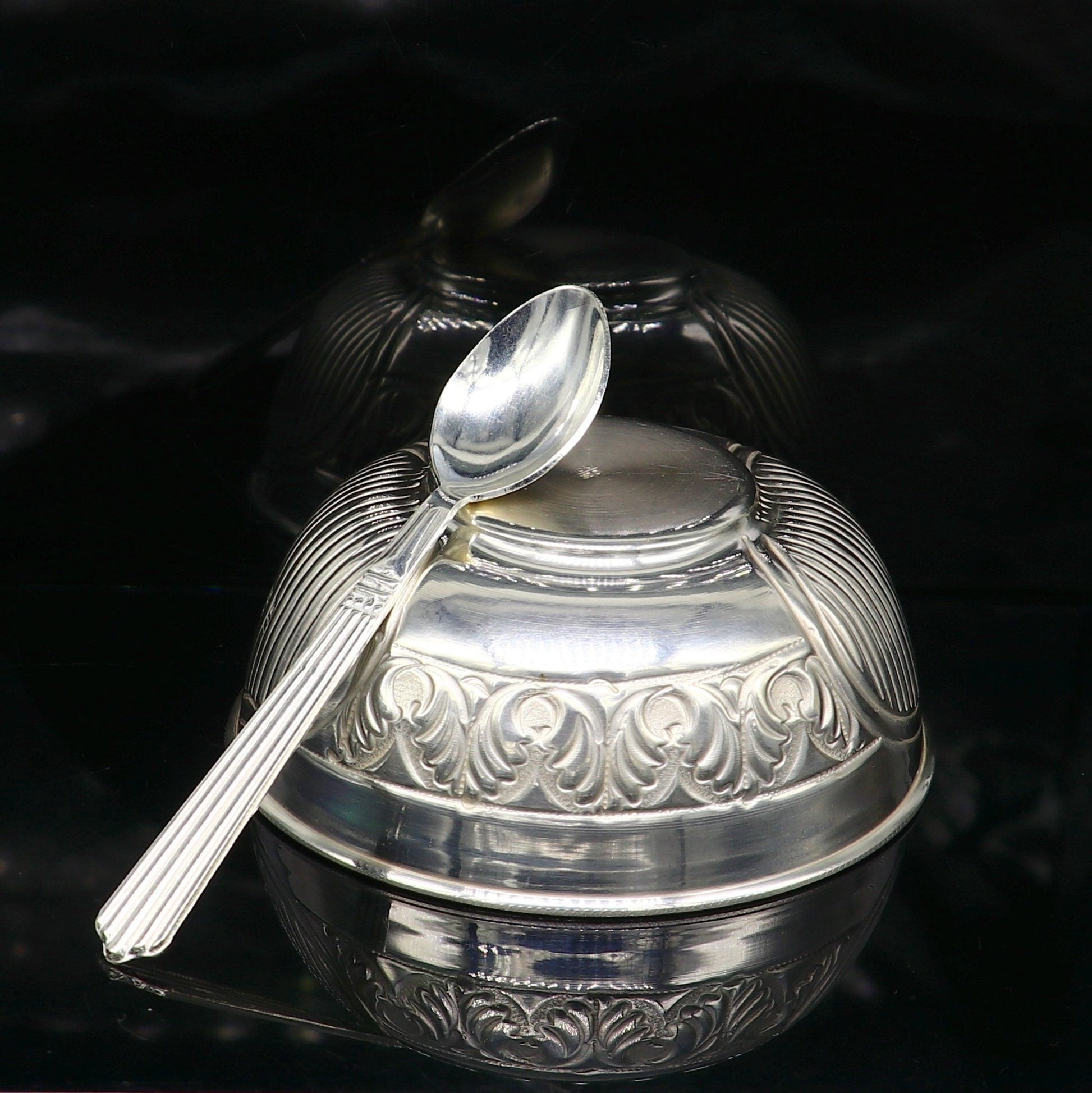 999 fine silver exclusive handcrafted work baby bowl and spoon set, puja utensils, silver article, silver utensils, silver vessel baby sv210 - TRIBAL ORNAMENTS