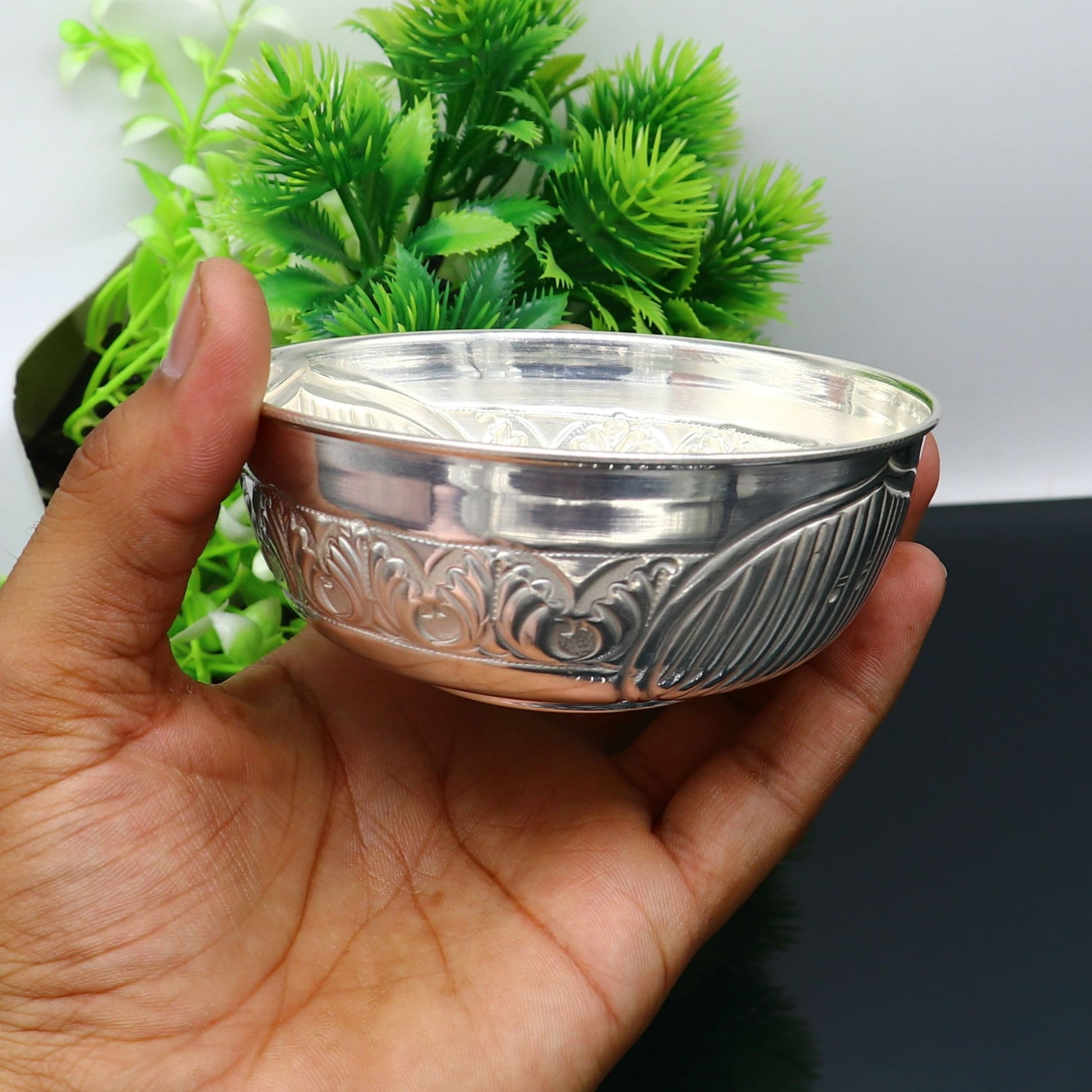 999 fine silver exclusive handcrafted work baby bowl and spoon set, puja utensils, silver article, silver utensils, silver vessel baby sv210 - TRIBAL ORNAMENTS