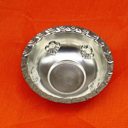 Handcrafted 999 fine silver lightweight bowl and puja utensils set by Tribal Ornaments, featuring silver vessels and baby set accessories.