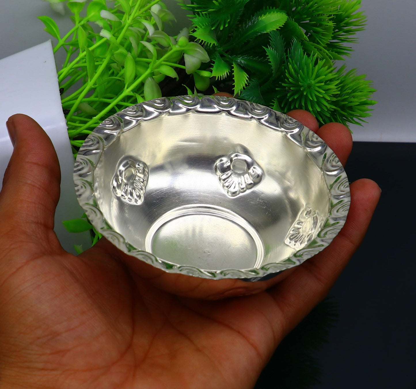 Handcrafted 999 fine silver lightweight bowl from TRIBAL ORNAMENTS, ideal for puja utensils and silver vessel baby set.