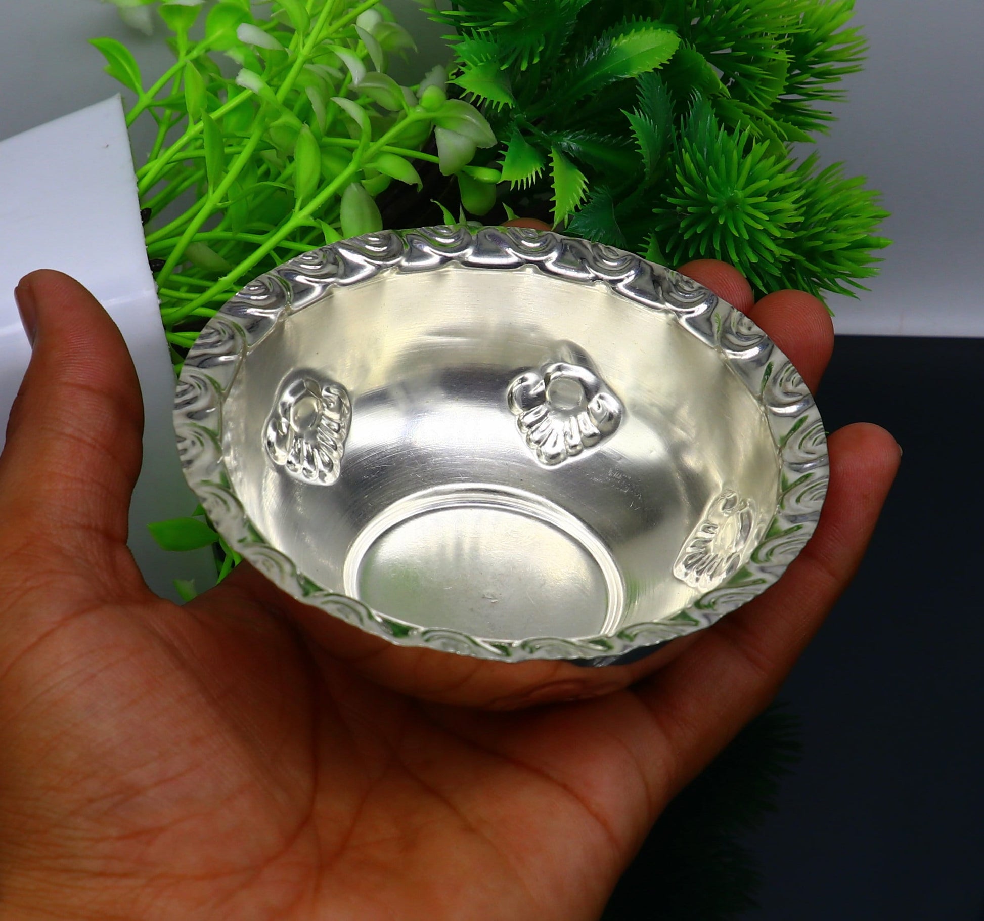 Handcrafted 999 fine silver lightweight bowl from TRIBAL ORNAMENTS, ideal for puja utensils and silver vessel baby set.