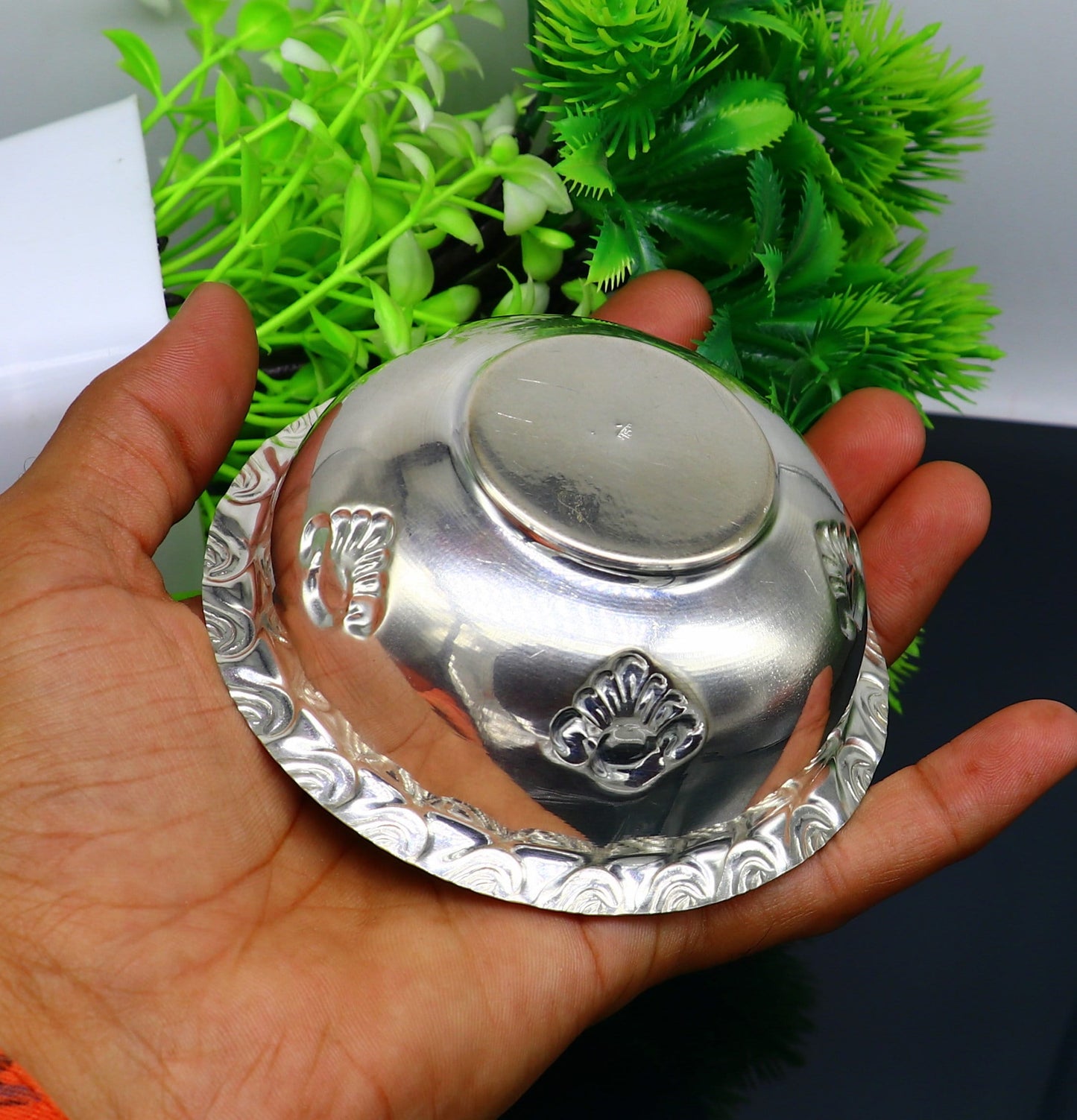 Handcrafted lightweight 999 fine silver bowl from Tribal Ornaments, ideal for puja utensils and silver vessel baby set.