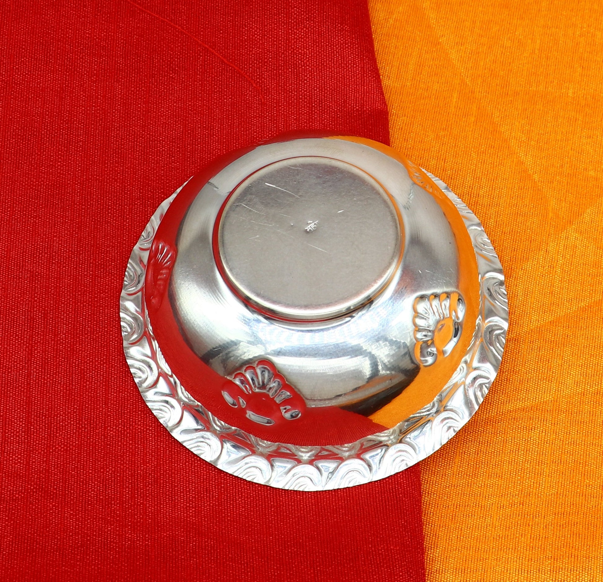 Handcrafted 999 fine silver lightweight bowl from Tribal Ornaments, used for puja utensils and silver vessel baby set SV207.