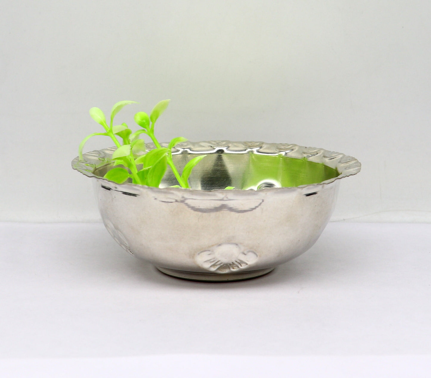 Handcrafted 999 fine silver lightweight bowl from Tribal Ornaments, part of silver puja utensils and baby silver vessel set SV207.