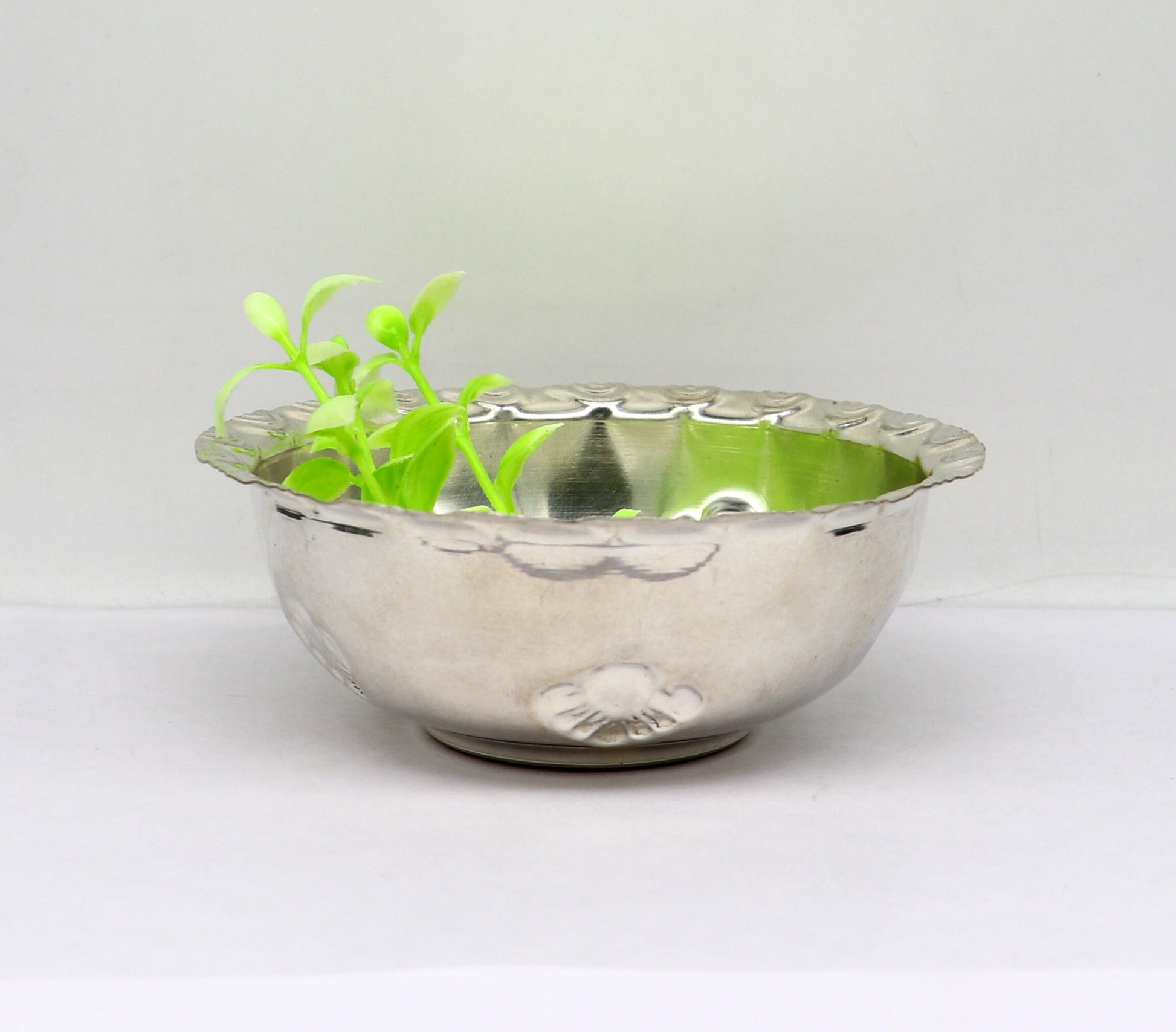 Handcrafted 999 fine silver lightweight bowl from Tribal Ornaments, part of silver puja utensils and baby silver vessel set SV207.