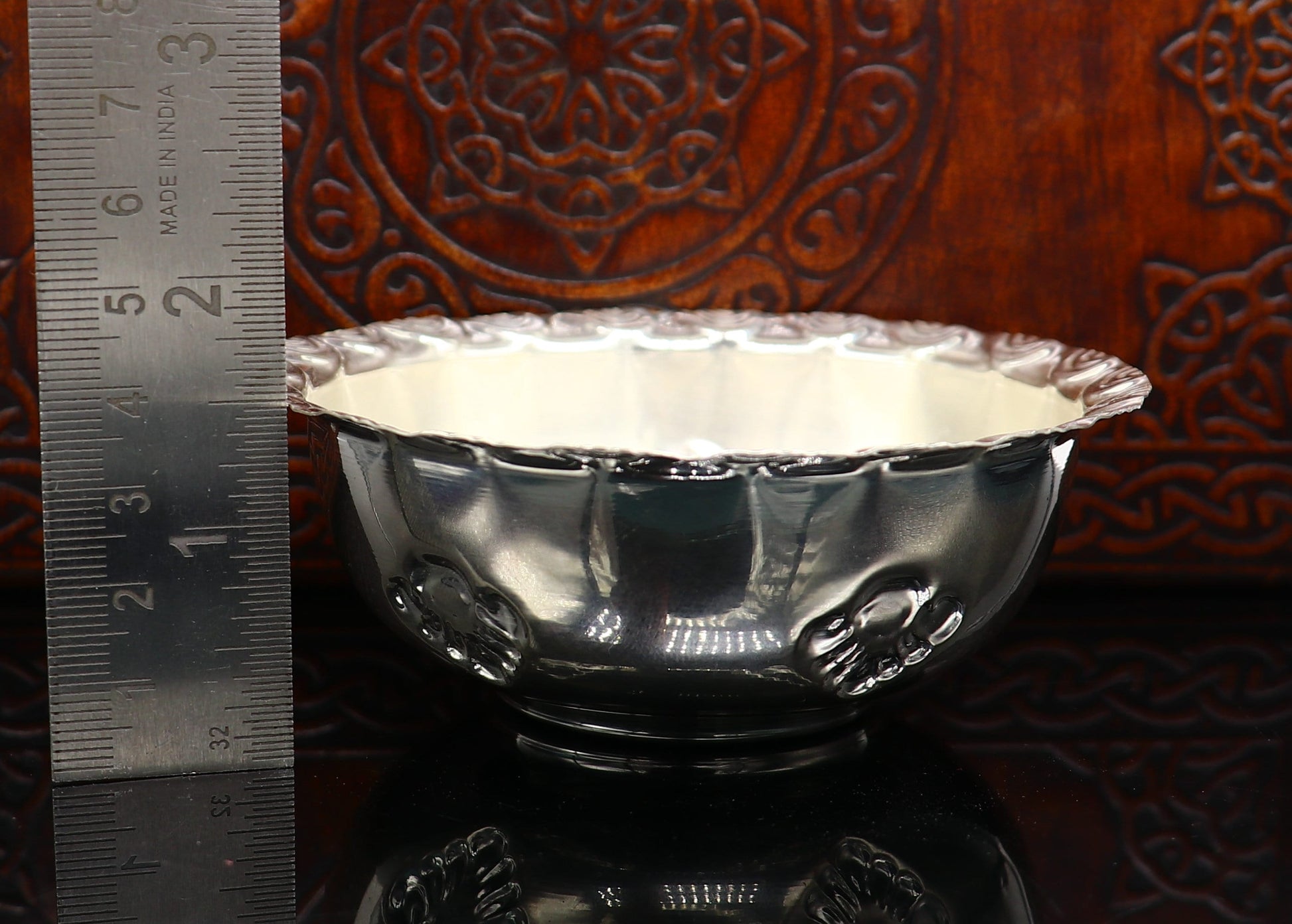 Handcrafted 999 fine silver lightweight bowl from TRIBAL ORNAMENTS, ideal for puja utensils and silver vessel baby set.