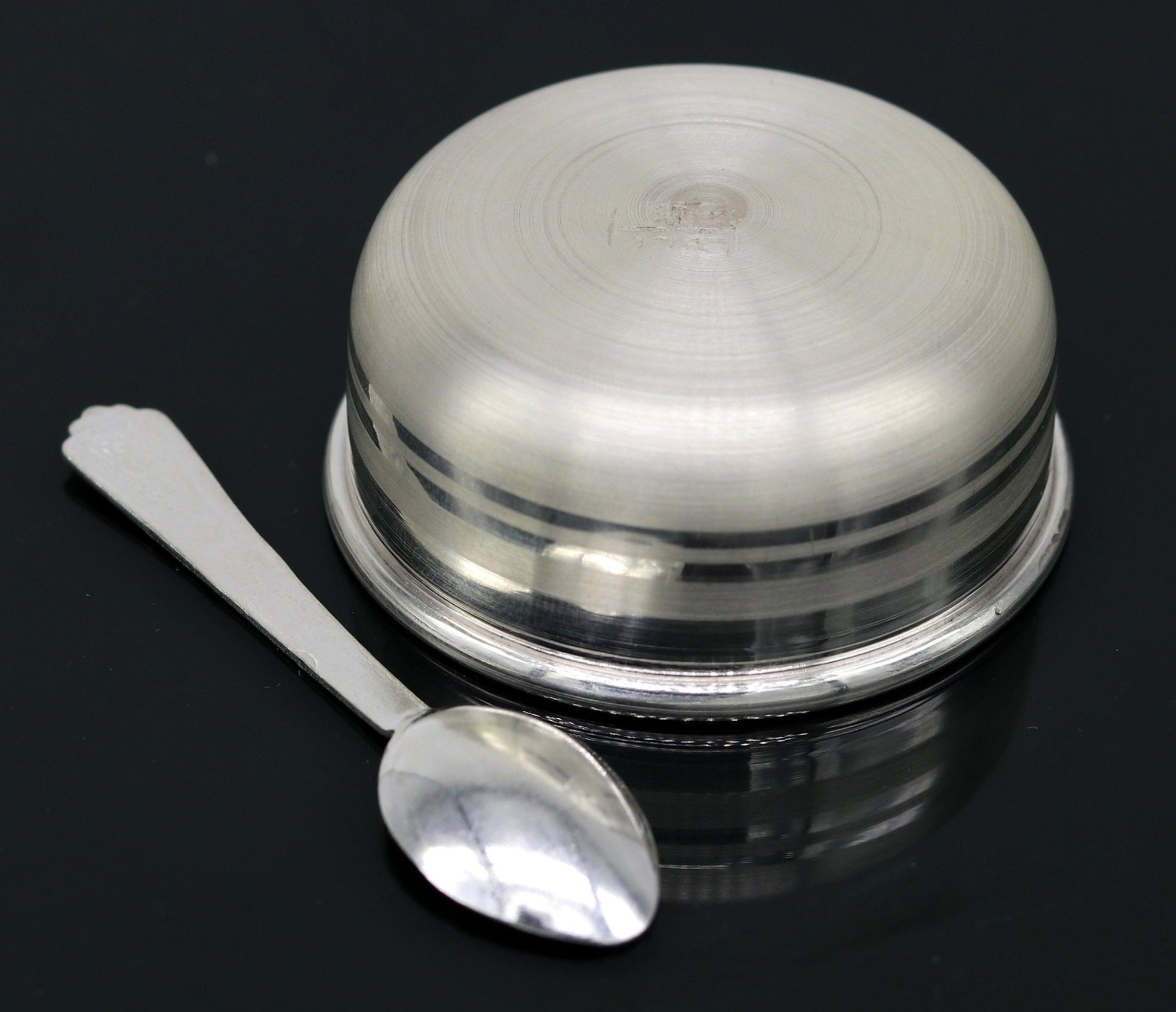 Handmade 999 fine silver bowl and spoon set by Tribal Ornaments, featuring antibacterial properties for kids' health.