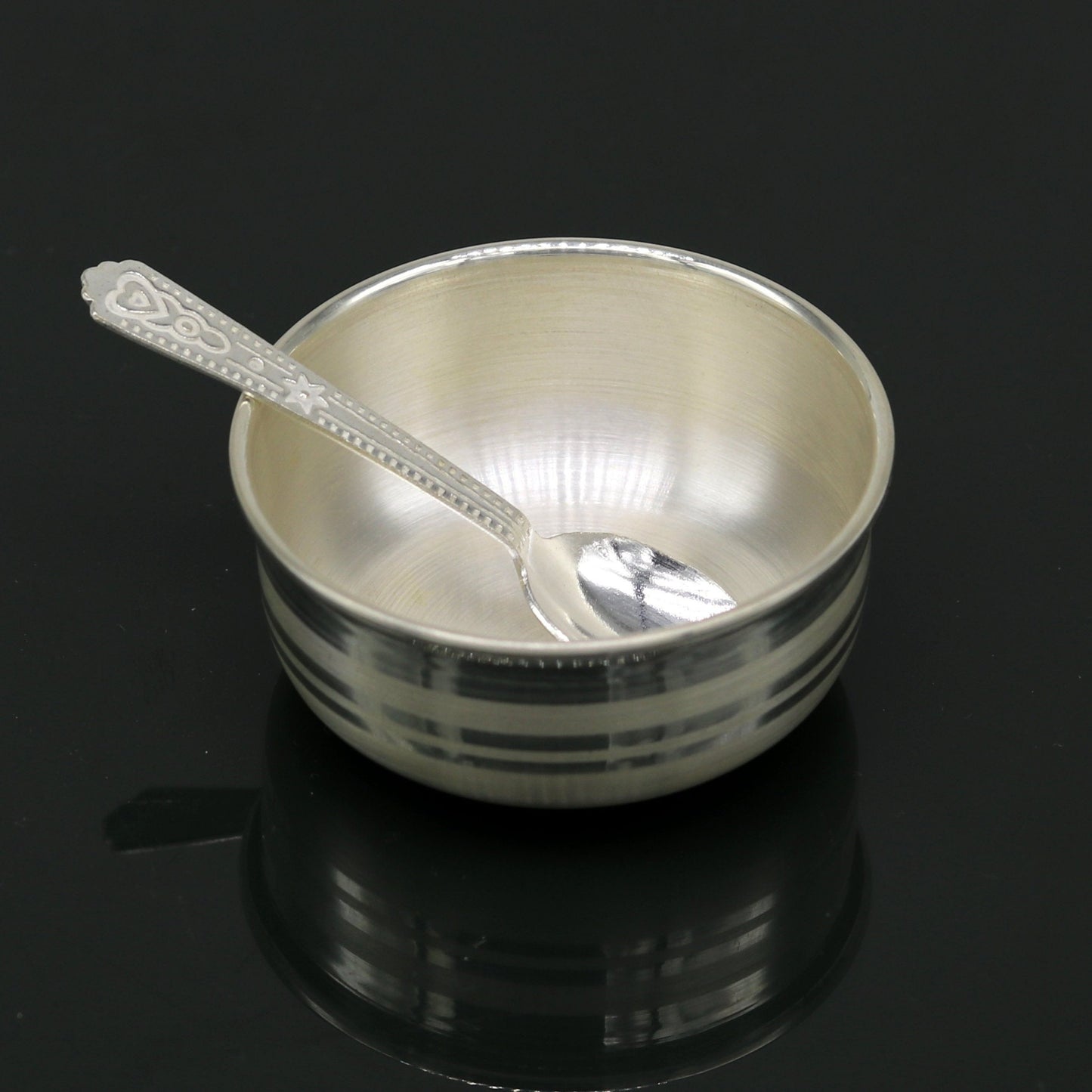 Handmade 999 fine silver bowl and spoon set by Tribal Ornaments, antibacterial silver vessels for baby and kids health.