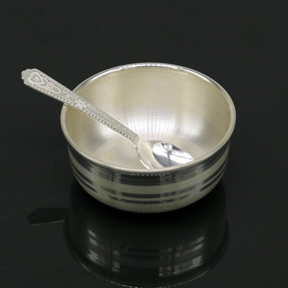 Handmade 999 fine silver bowl and spoon set by Tribal Ornaments, antibacterial silver vessels for baby and kids health.