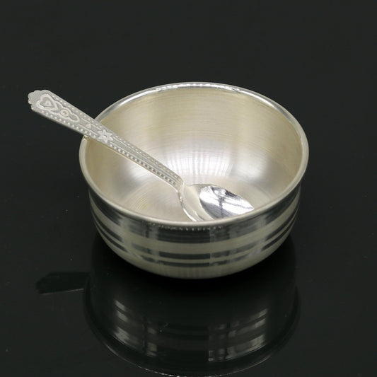 Handmade 999 fine silver bowl and spoon set by Tribal Ornaments, antibacterial silver vessels for baby and kids health.